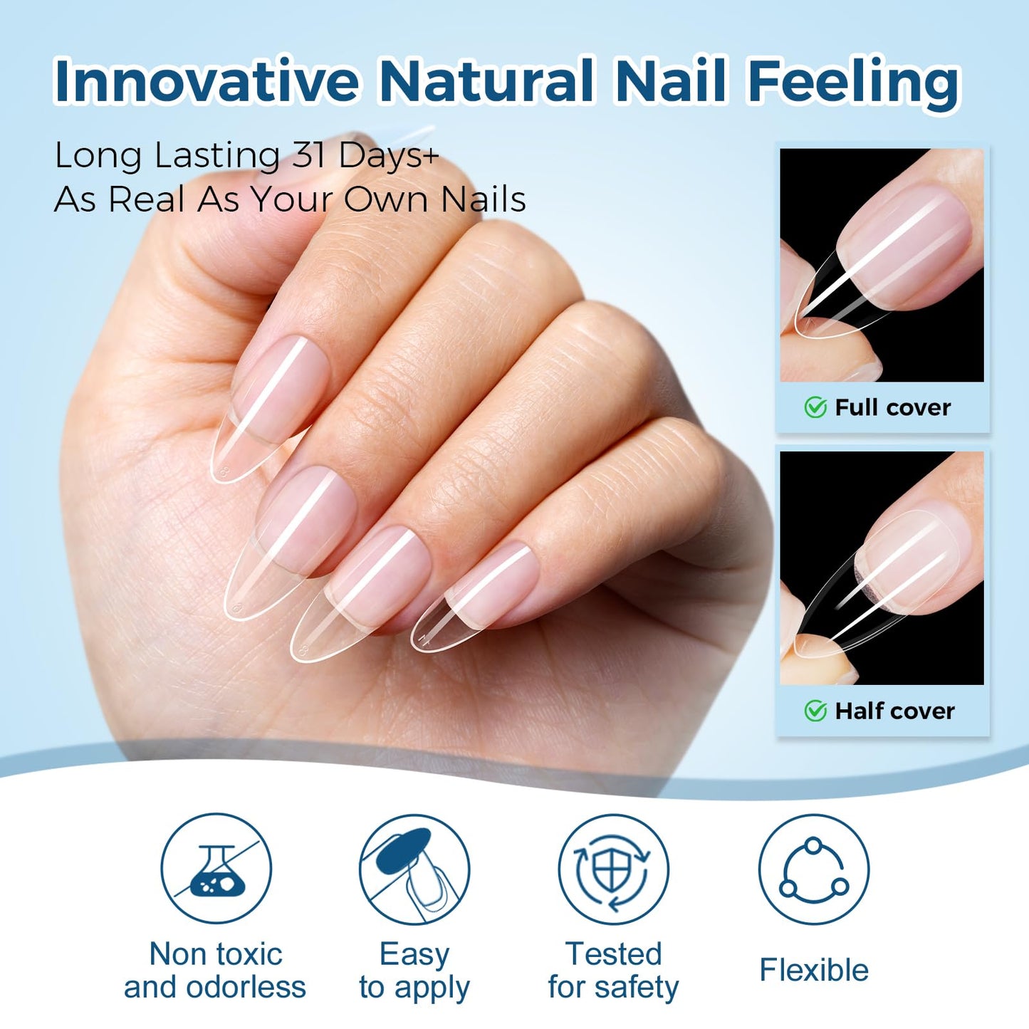TOMICCA Medium Almond Nail Tips, 510Pcs 15 Sizes Pre Shaped Half Matte Soft Acrylic Gel Nail Tips Almond Shape Clear Press on Nails Extensions Full Cover False Tips for Manicure Salon DIY at Home