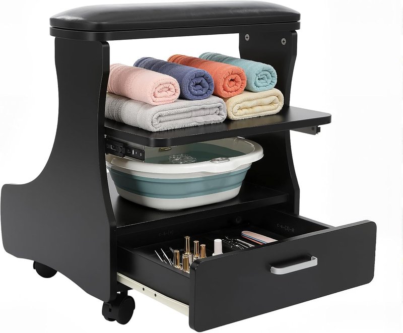 Pedicure Foot Rest - Lockable Wheels, Removable Shelf & Drawer | PU Cushion Beauty Stool for Home Salon