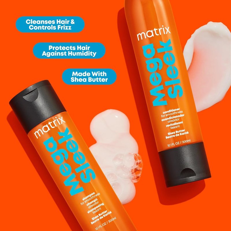 Matrix Mega Sleek Shampoo - Anti-Frizz Moisturizing Shampoo, Smoothing and Detangling, For Dry & Damaged Hair, Salon Professional Formula, With Shea Butter, Vegan, 33.8 Fl Oz
