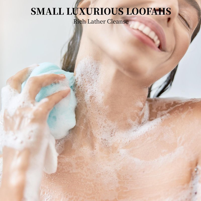 Mini Shower Loofah 20 Pack for Travel Portable Bath Sponge Puff Quick Lather Durable Mesh Gentle Exfoliation for All Ages Small Size Ideal for Home, Gym, or on The Go