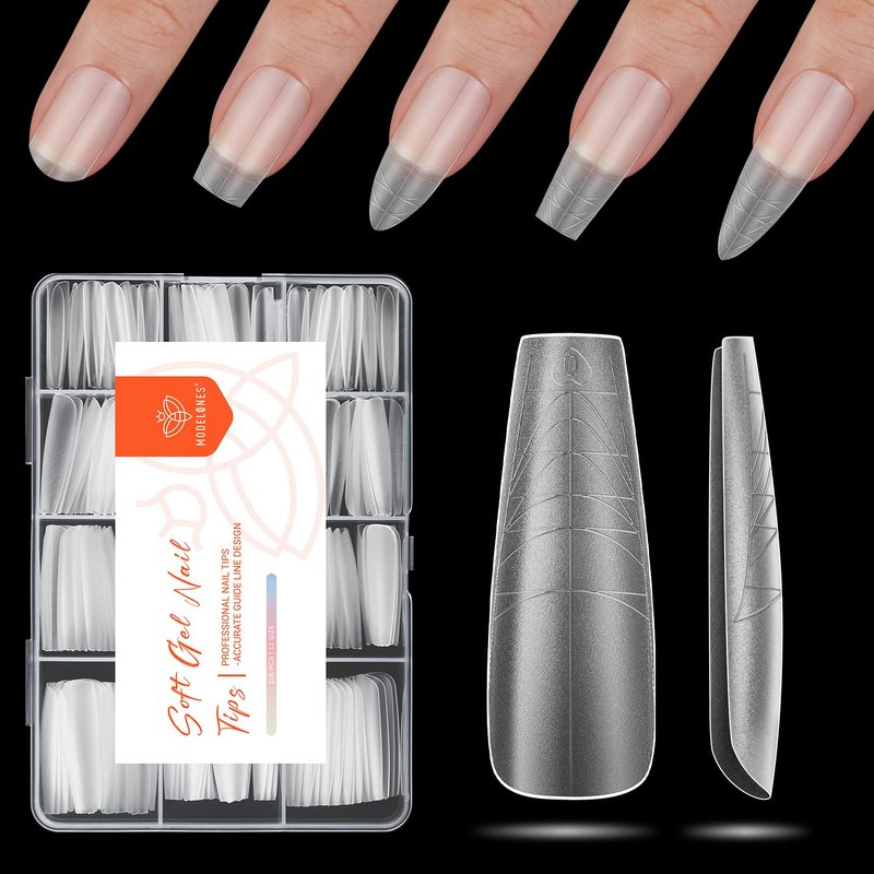 modelones Long Coffin Guiding Line Nail Tips, Soft Gel Tips Fake Nails False Acrylic Extensions Seamless Accurate Positioning Scale Line, Full Matte Professional Nail Salon 216PCS 12Sizes