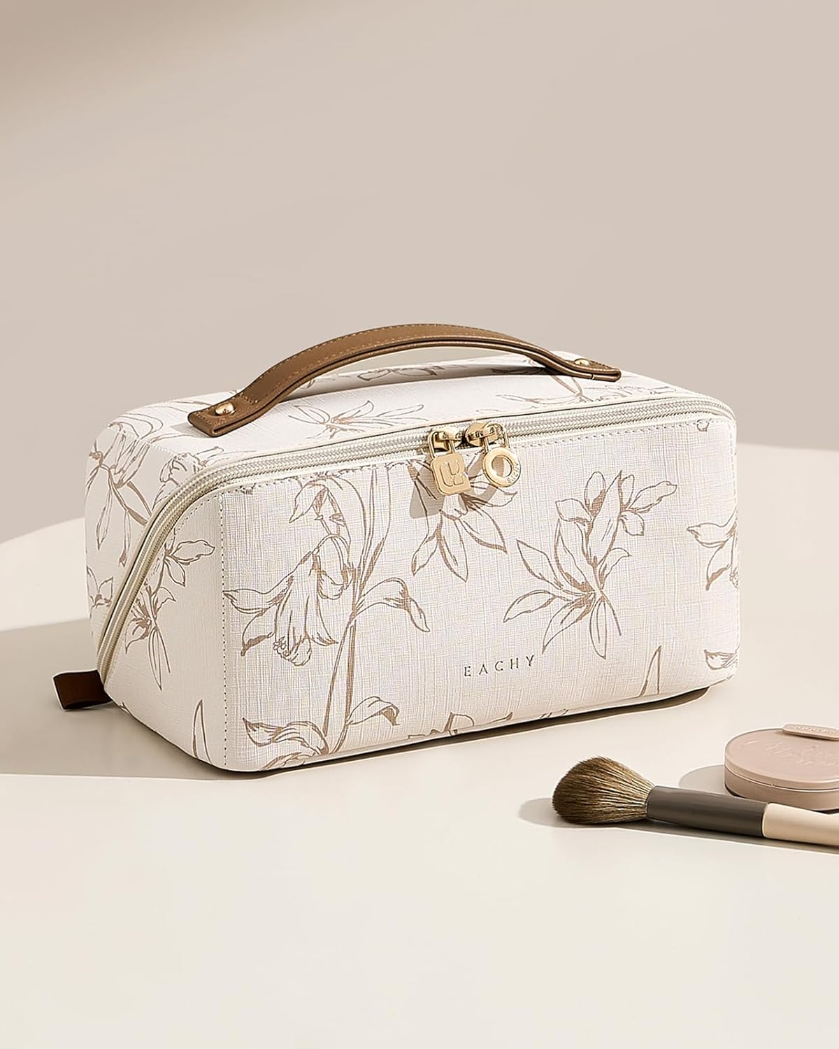 Travel Makeup Bag - Large Capacity Waterproof Cosmetic Pouch for Women | Open Flat Design (Beige)
