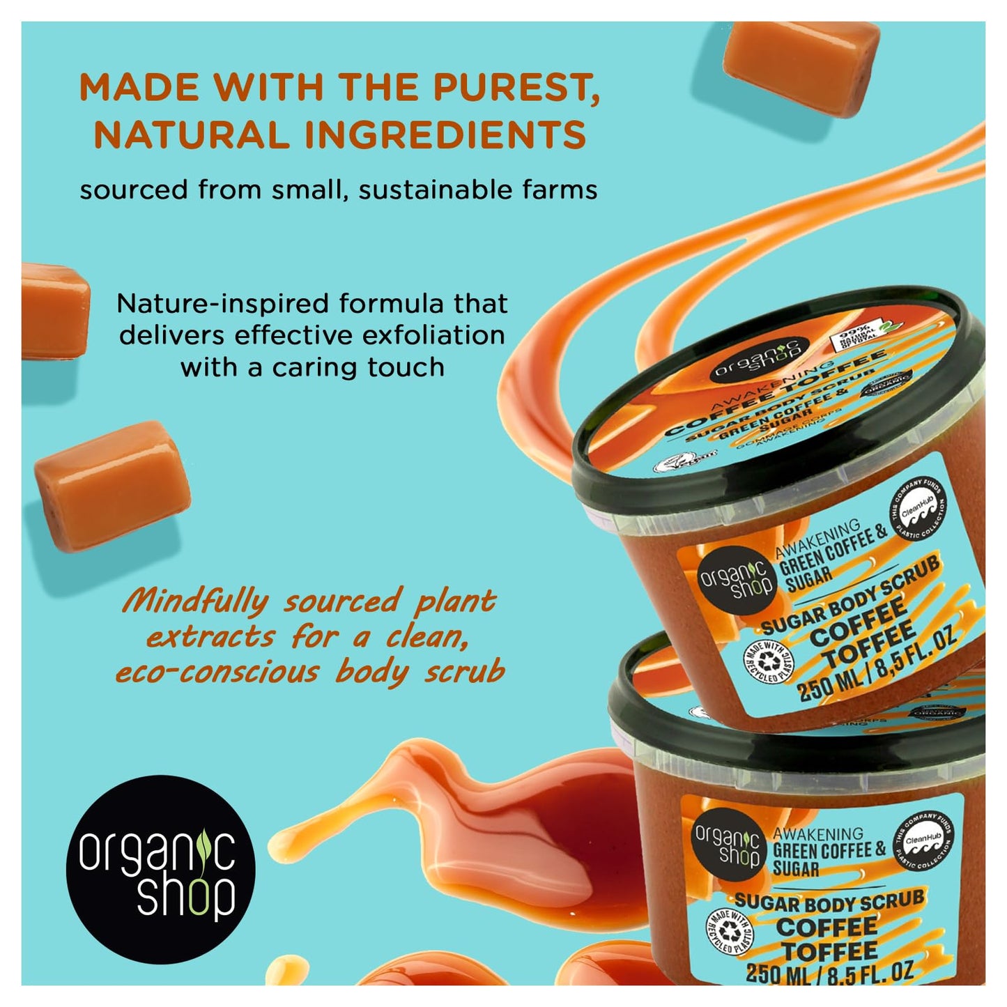Organic Shop Green Coffee & Sugar Body Scrub, Awakening Coffee Toffee Exfoliating Sugar Scrub, 99% Natural Origin, COSMOS Natural, Organic & Vegan Body Exfoliator, Made in Europe