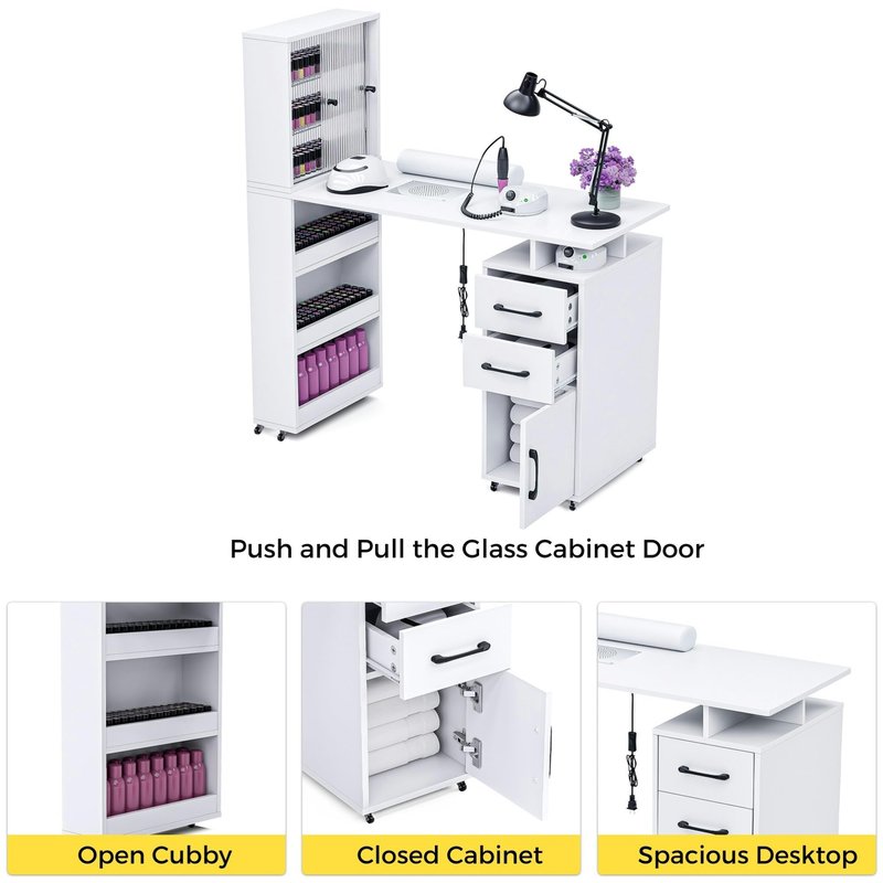 Kikihouse Manicure Table Nail Desk for Nail Tech w/Glass Door Storage Cabinets & Wrist Rest, Beauty Salon Nail Supplies Decor Workstation Acetone Resistant, with Dust Collector (White)