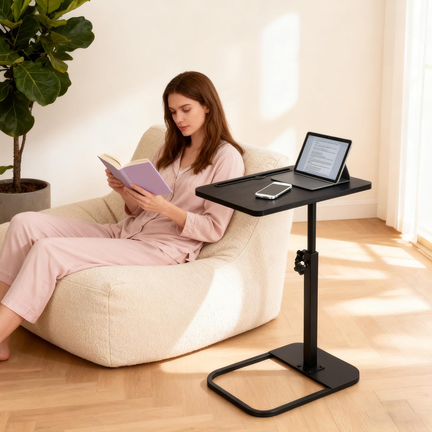 jessie Tv Tray C Table, Adjustable End Table for Couch 360° Swivel C Shaped End Table with Phone Tablet Slot for Living Room, Sofa, Bedside, Bathroom (Black)
