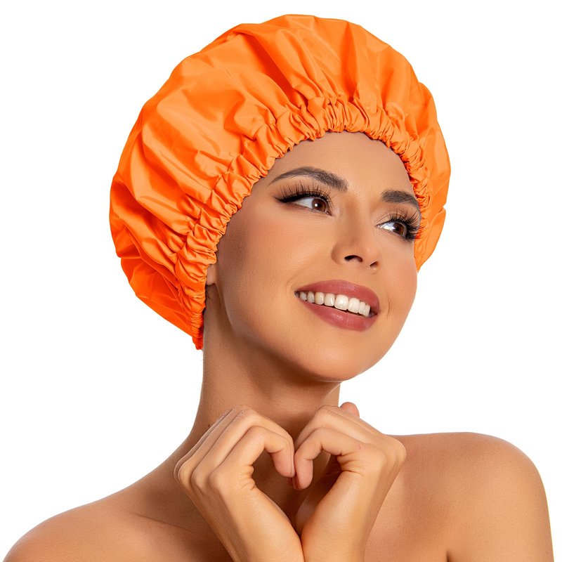 Reusable Shower Cap for Women, Large Waterproof Shower Bonnet with Elastic Band, Washable Bath Hair Cap for Long, Curly Hair, Braids, Daily Shower, Home Spa, Travel(Orange)