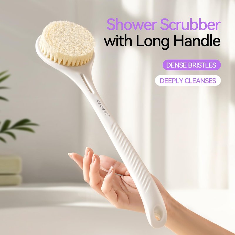 Back Scrubber for Shower for Women Men, Body Brush with Long Handle, Exfoliating Bath Washer with Soft Bristles, Body Exfoliator for Wet or Dry Brushing, Back Scrub Deep Cleaning, White