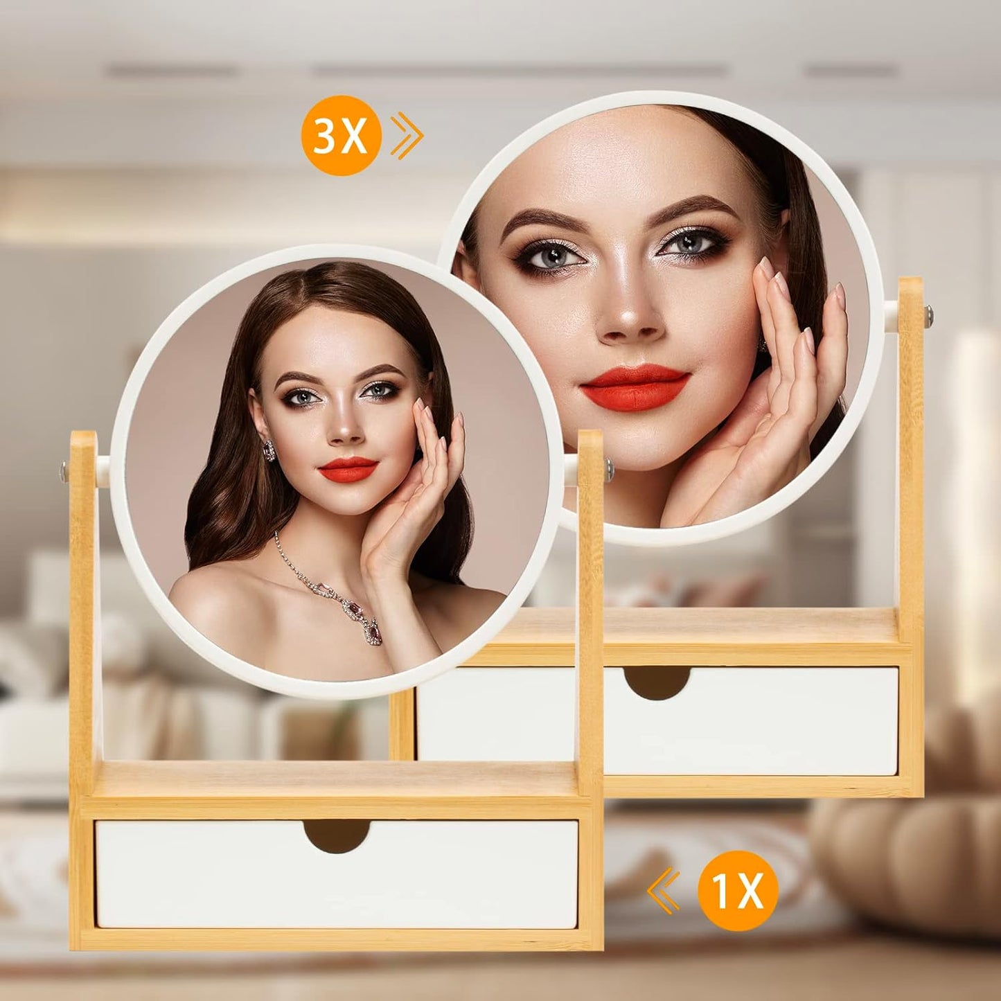 YEAKE Double-Sided Magnifying Vanity Makeup Mirror - 1X/3X with Bamboo Stand & Drawer | Portable Round Design