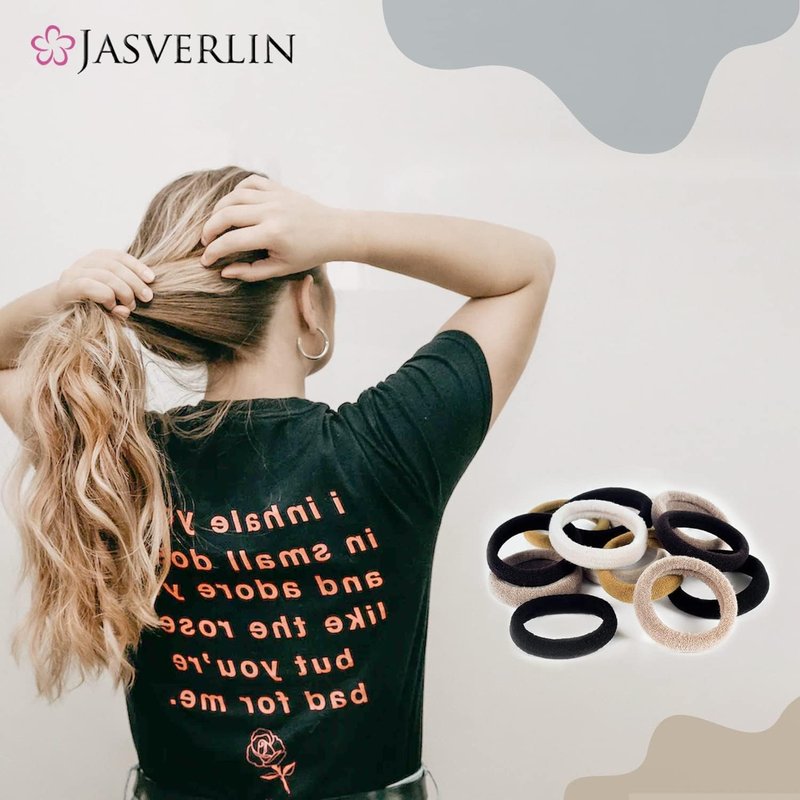 JASVERLIN 100 pcs Seamless Cotton Hair Ties, Thick Hair Elastic Bands Soft No Damage Ponytail Holders for Women Girl 1.5 inch (5 Colors)