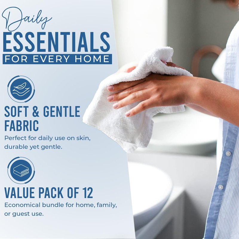 DAN RIVER 12 Pack Wash Cloths for Showering [12x12] - 100% Cotton Washcloths Premium Quality Flannel Face Cloths for Bathroom, Highly Absorbent and Soft Feel Wash Clothes, White