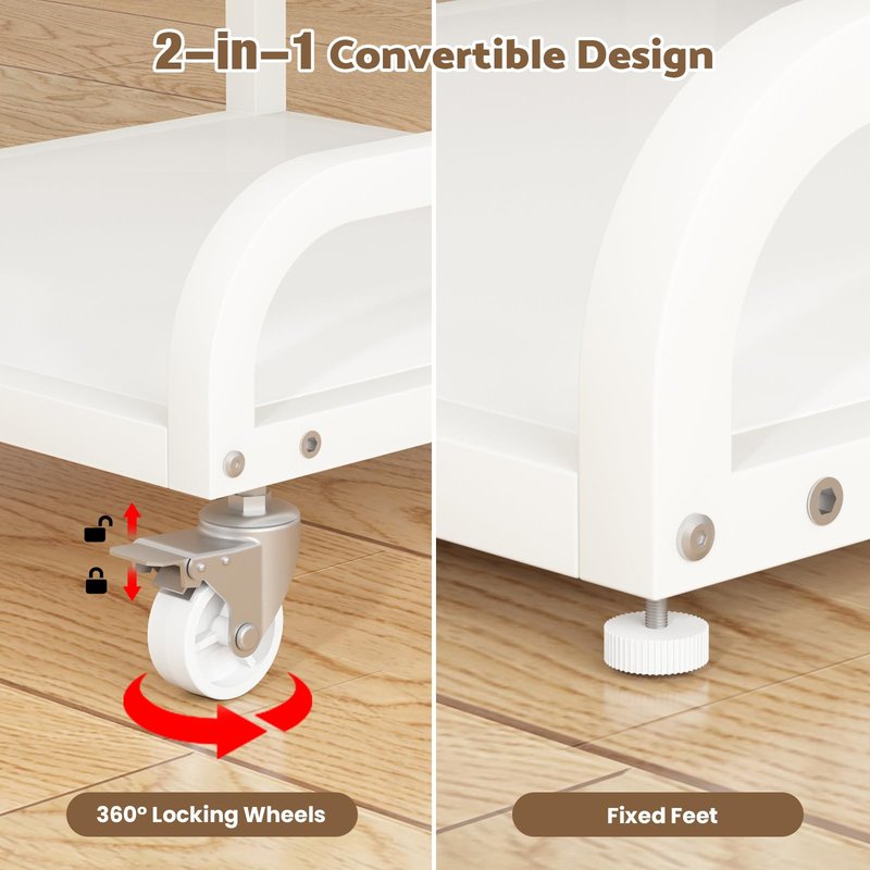 Adjustable Pedicure Foot Rest with 3-Level Height, PU Cushion, Storage & Locking Wheels, Mobile Pedicure Cart Foot Bath Trolley for Foot Bath, Salon & Spa (White)