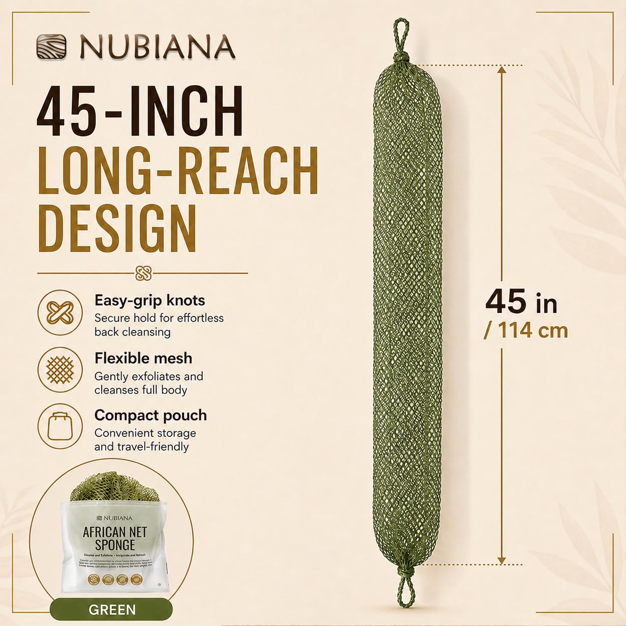 Nubiana African Net Sponge Authentic with Knots, 45 Inch Handwoven Nigerian Exfoliating Body Sponge with Handles, Quick-Drying Nylon Mesh Body Scrubber, Reusable Bath Sponge (Olive Green)