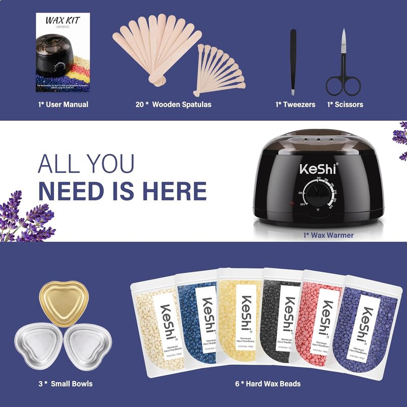 Painless Hair Removal Waxing Kit - Wax Warmer with 6 Hard Wax Beans for Full Body, Legs, Face & Bikini | Ideal for Men & Women