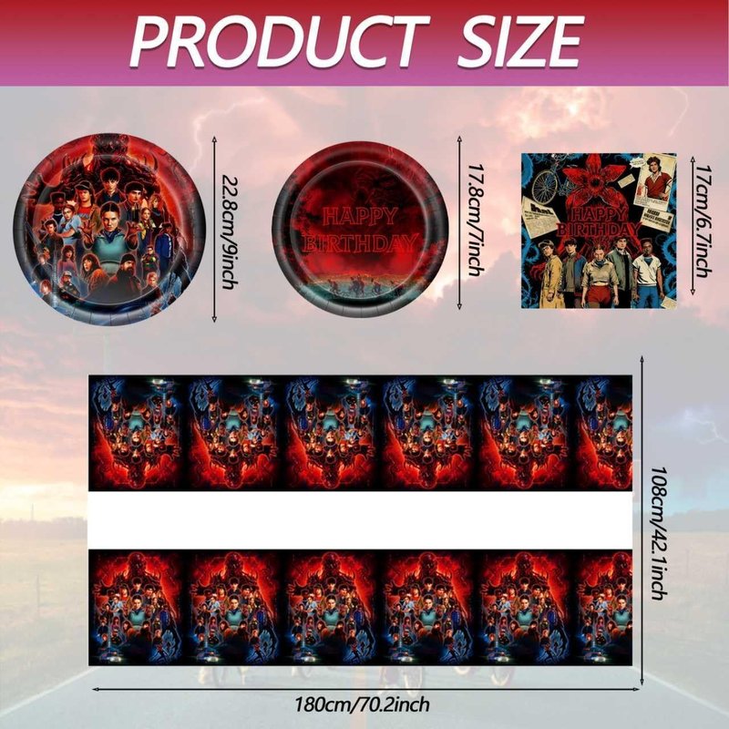 S.tr.anger Party Tableware Set - 20 Plates, 20 Napkins & 71'' x 42'' Tablecloth for Birthday Celebrations