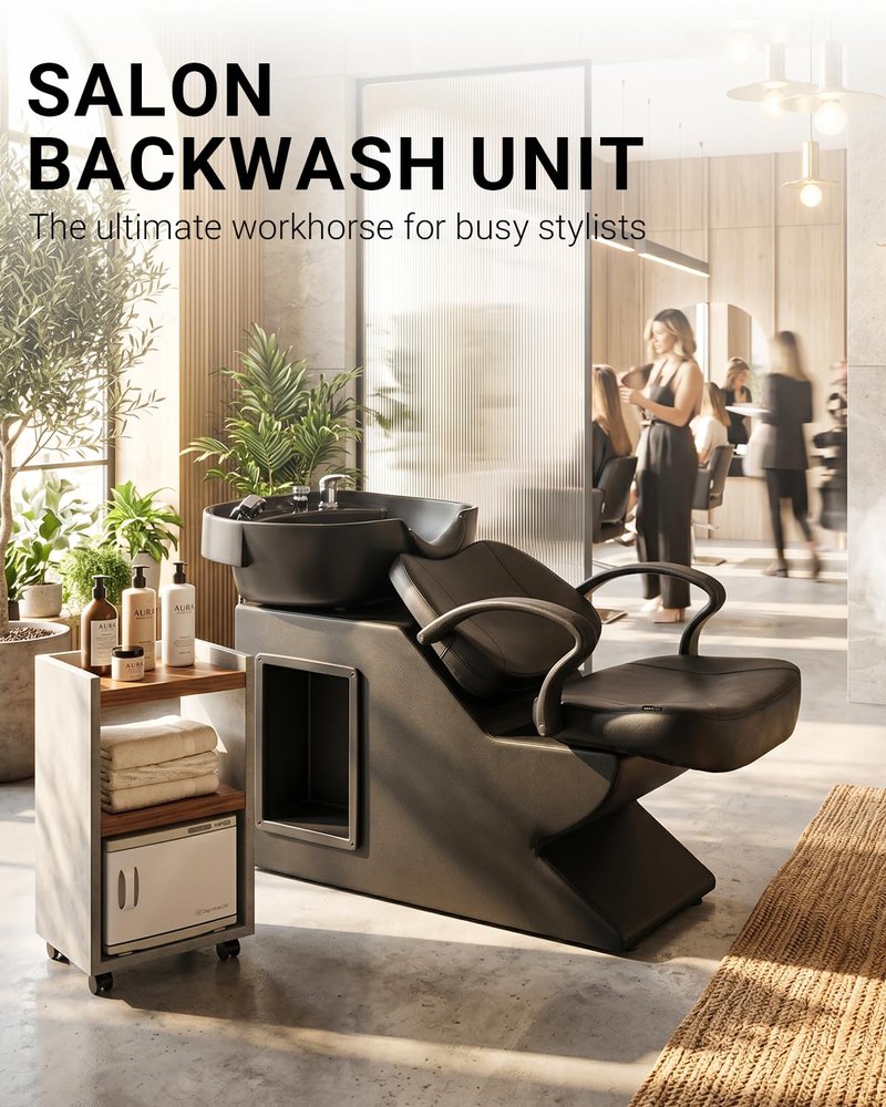 IJIALIFE Shampoo Bowl and Chair Set for Salon, Hair Washing Station for Hair Stylist, ABS Shampoo Bowl Sink Chair with Side Store Compartment for Spa Beauty Barbershop, Black