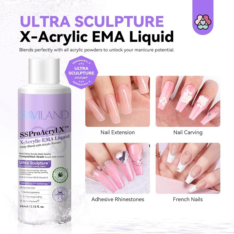 SAVILAND EMA Monomer Acrylic Nail Liquid - 8 oz for Nail Extensions | Includes 3 Brushes & Dappen Dish