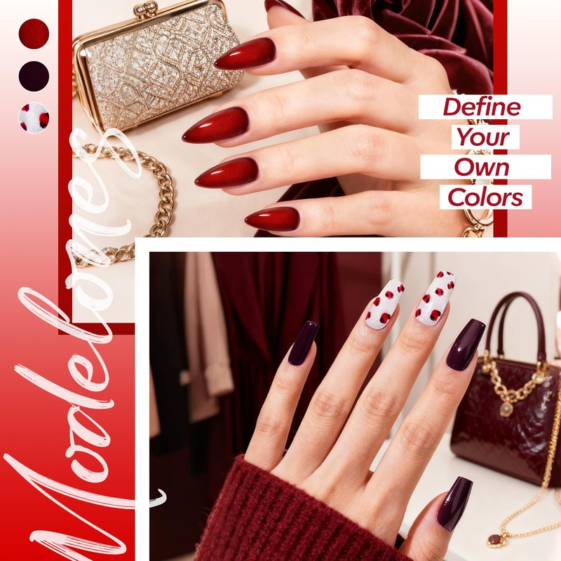 modelones Red Gel Nail Polish Set, 6 Colors 2026 Burgundy Bloody Wine Dark Red Jelly Pearl Glitter Gel Polish Silver Cat Eye Nail Polish with Liner Pen& Magnet& Wooden Stick LED Gift