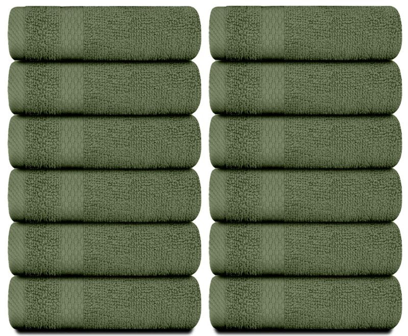 White Classic Luxury Cotton Washcloths 13x13 Inch - 650 GSM Turkish Cotton | Hotel, Spa, Bathroom Face Towel | 12 Pack, Forest Green