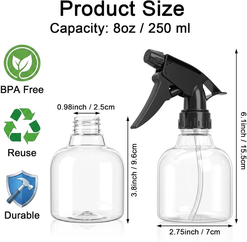 Bekith 8 Oz Empty Plastic Spray Bottles - 12 Pack with Adjustable Trigger Sprayers for Versatile Use