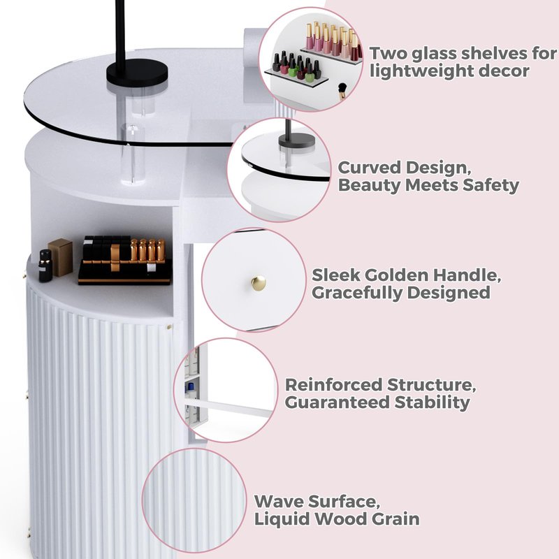 HolaiNail Manicure Table with Dust Collector, Professional Nail Tech Desk with Tempered Glass Top, Storage Cabinet & Drawer, Acetone Resistant, for Nail Beauty Salon Workstation(White)
