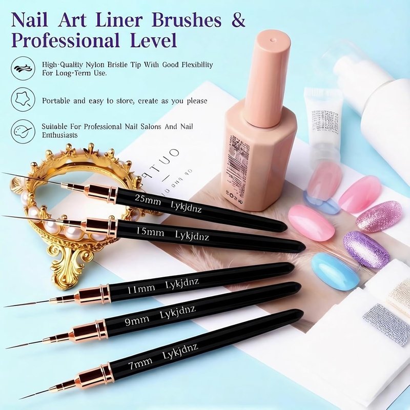 Nail Art Liner Brushes Set - 5 Pcs Thin Gel Brush for Precision Nail Design | Sizes 7-25 mm