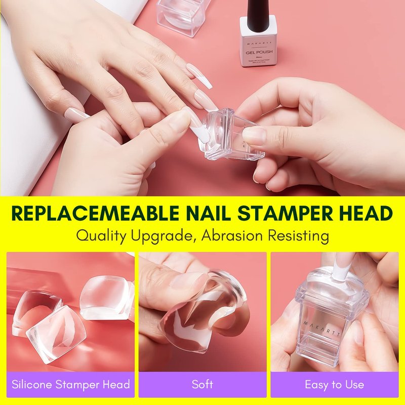 Makartt 12 PCS French Nail Art Stamper Kit,2 PCS Jelly Nail Stamper 4 PCS Silicone Replaceable Stamper Head and 6 Sheets French Manicure Edge Auxiliary Nail Guide Stickers For Gel Polish Design
