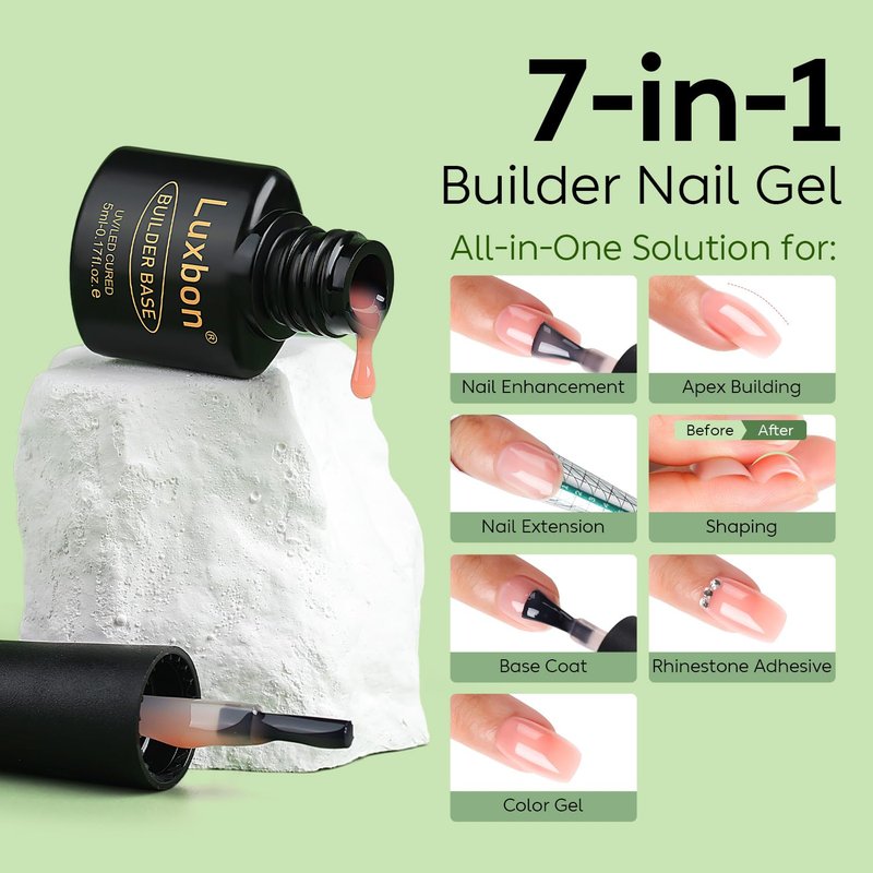 Luxbon 7 IN 1 Builder Base Color Gel Nail Polish Set, 6 Colors Nail Extension Enhancement Nude Gel Polish Pink Peach Nail Polish for Nails UV LED Soak Off Nail Art Design Gifts for Women Kit 010