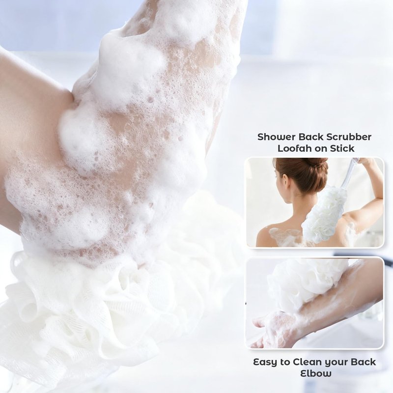 GTFL.RTPOP Shower Back Scrubber Loofah on Stick - Premium Exfoliating Bath Sponge for Gentle Skin Smoothing, Beige White