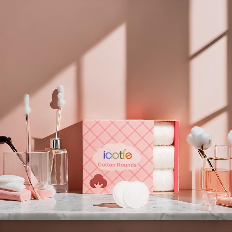 ICOTLE 100% Pure Cotton Round Pads for Face (210), Lint-Free Makeup Remover Pads, Soft, Absorbent, Hypoallergenic, Multi-Layer Design for Cleansing, Skincare and Nail Polish Removal