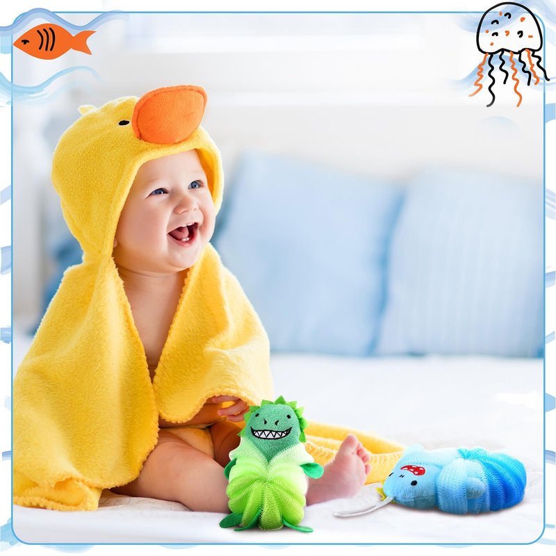 Tatuo 4 Pcs Animal Bath Loofahs Kids Body Loofah Cartoon Shower Cute Bath Sponge Pouf Body Scrubbers Mesh Sponge for Toddler Children Boys Girls Shower Baby Washing Exfoliating (Boys)
