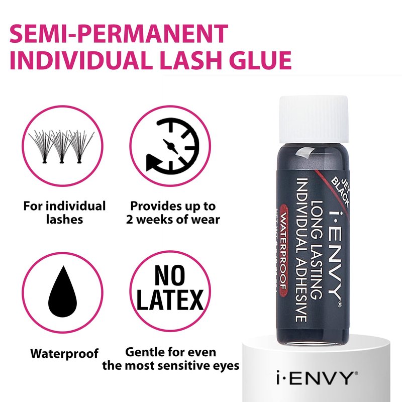 i-Envy Semi-Permanent Lash Glue Adhesive for Individual Cluster Lashes & Lash Extension, Waterproof Strong Hold, Long-Lasting Up to 2 Weeks, Latex-Free, Perfect for Sensitive Eyes (Black, 1 Pack)