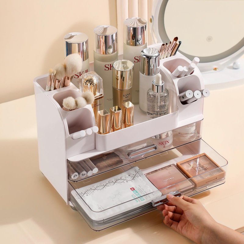 Anyoifax Makeup Organizer Countertop with Large Drawers, Vanity Organizer with Brush Holder, Skin Care Storage for Dresser, Perfume Organizer for Lotion, Lipsitck, Palette, White