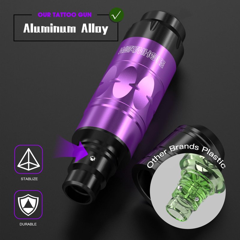 Wormhole Tattoo Gun Tattoo Kit with Wireless Tattoo Machine, 2PCS 1,200mAh Capacity Tattoo Batteries, 20 Cartridge Needles with Finger Ledge, Ink Color Set for Artists-Purple WTK293
