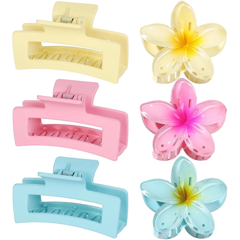 Flower Hair Clips - Square Claw Clips for Thick or Thin Hair | 6 PCS Hawaiian Hibiscus & Plumeria Set (Pink)