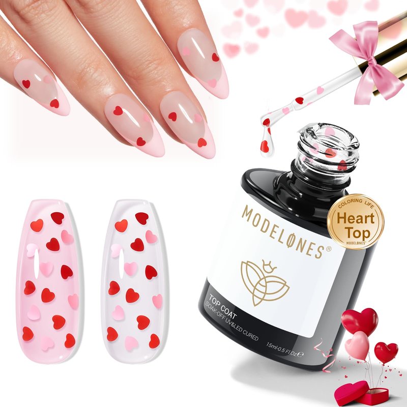 modelones Heart Glitter Gel Top Coat, 15 ML 2 in One No Wipe Clear Gel Nail Polish Red Pink Color Reflective Hearts Sequins Glossy Shine Long Lasting Soak Off Manicure Gift for Women