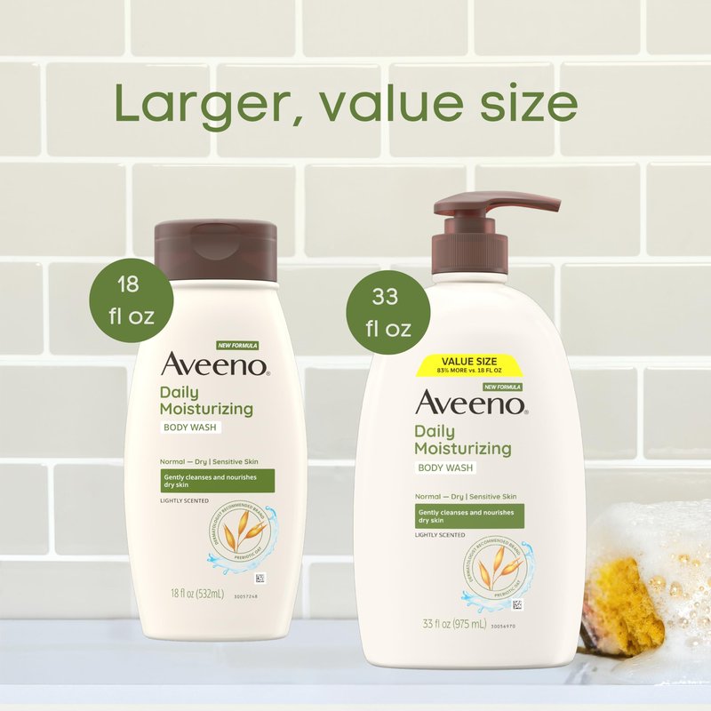 Aveeno Daily Moisturizing Body Wash for Dry & Sensitive Skin + Prebiotic Oat, Body Wash Gently Cleanses & Nourishes Dry Skin, Lightly Scented, Value Size, 33 fl. oz