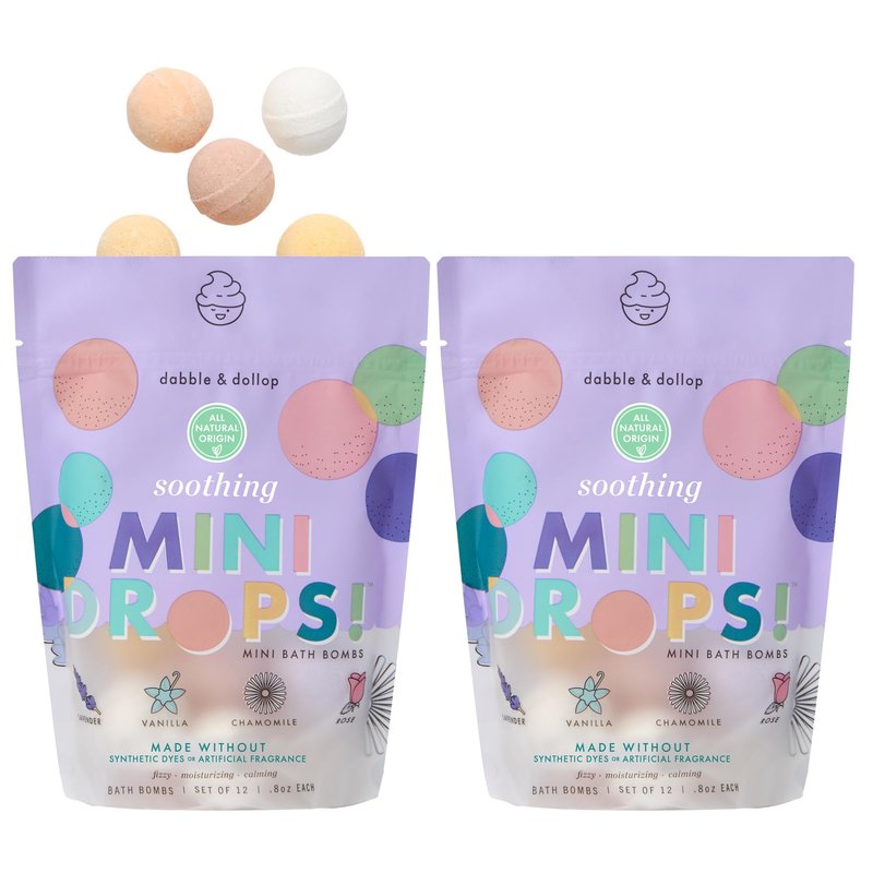 Dabble & Dollop Mini Bath Bombs, Soothing Scents - Natural Origin, Mixable Scents, Clean Ingredients, No Synthetic Dyes, Toddler & Kids Bath Bombs in Resealable Pouches (Set of 24)