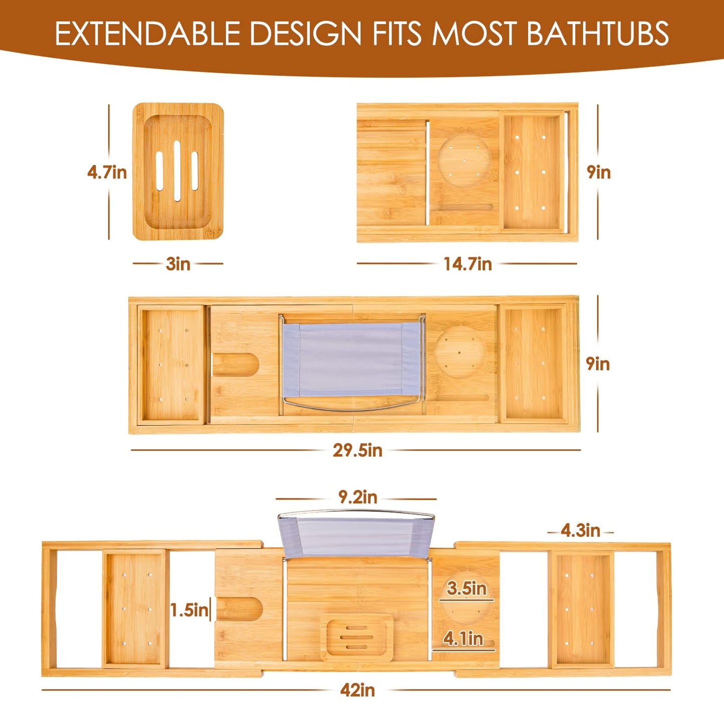 Foldable Bathtub Caddy Tray, Bamboo Bath Tub Tray Table for Tub with Wine Glass Holder Book Phone Tablet Holder with Extending Sides, Adjustable Bathroom Bathtub Free Soap Holder Gift Idea (Beige)
