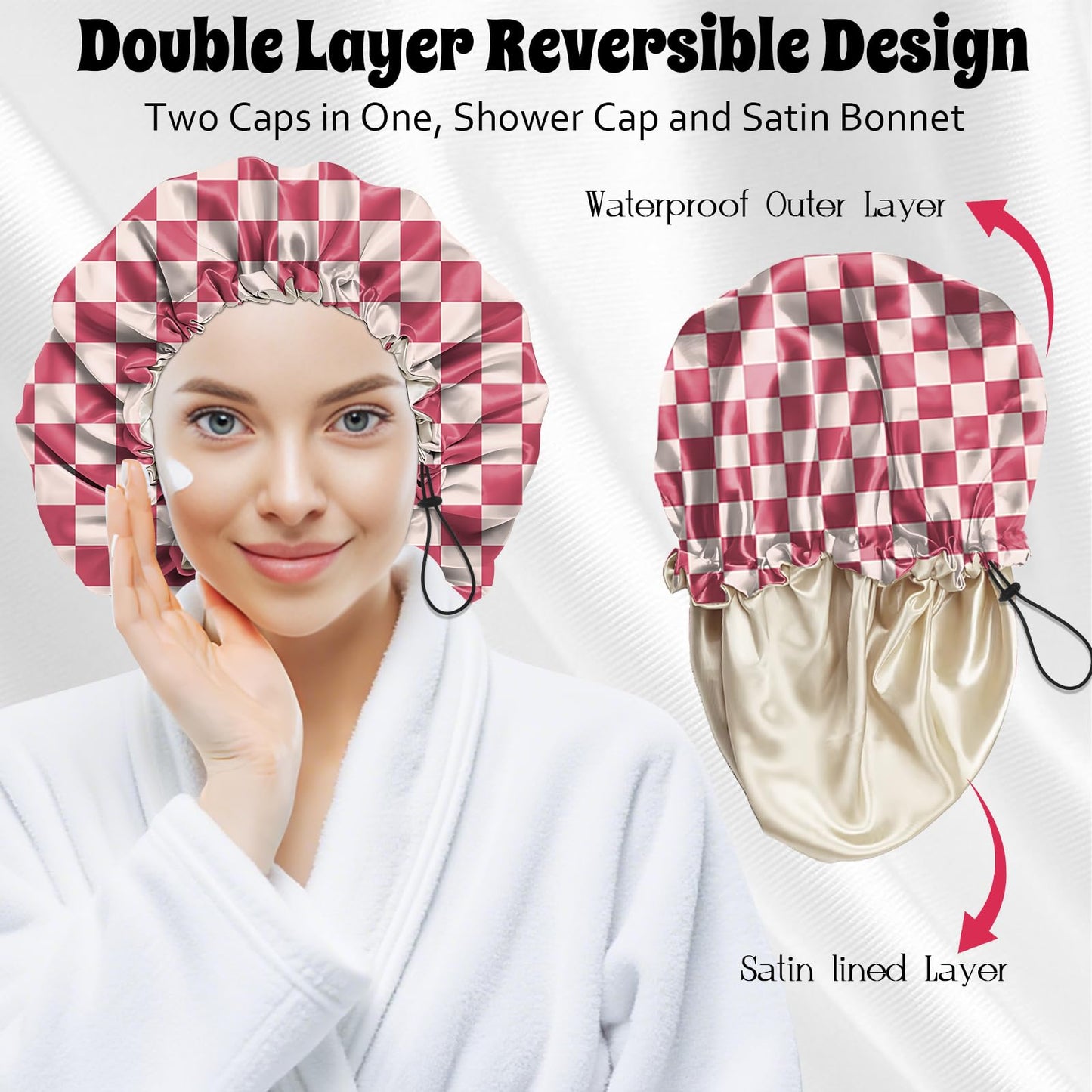 BHAHB Luxury Shower Cap Satin Lined Reusable Waterproof Double Layer Elastic Adjustable Hair Bath Cap Cute Aesthetic Women Girls-Pink Checkered