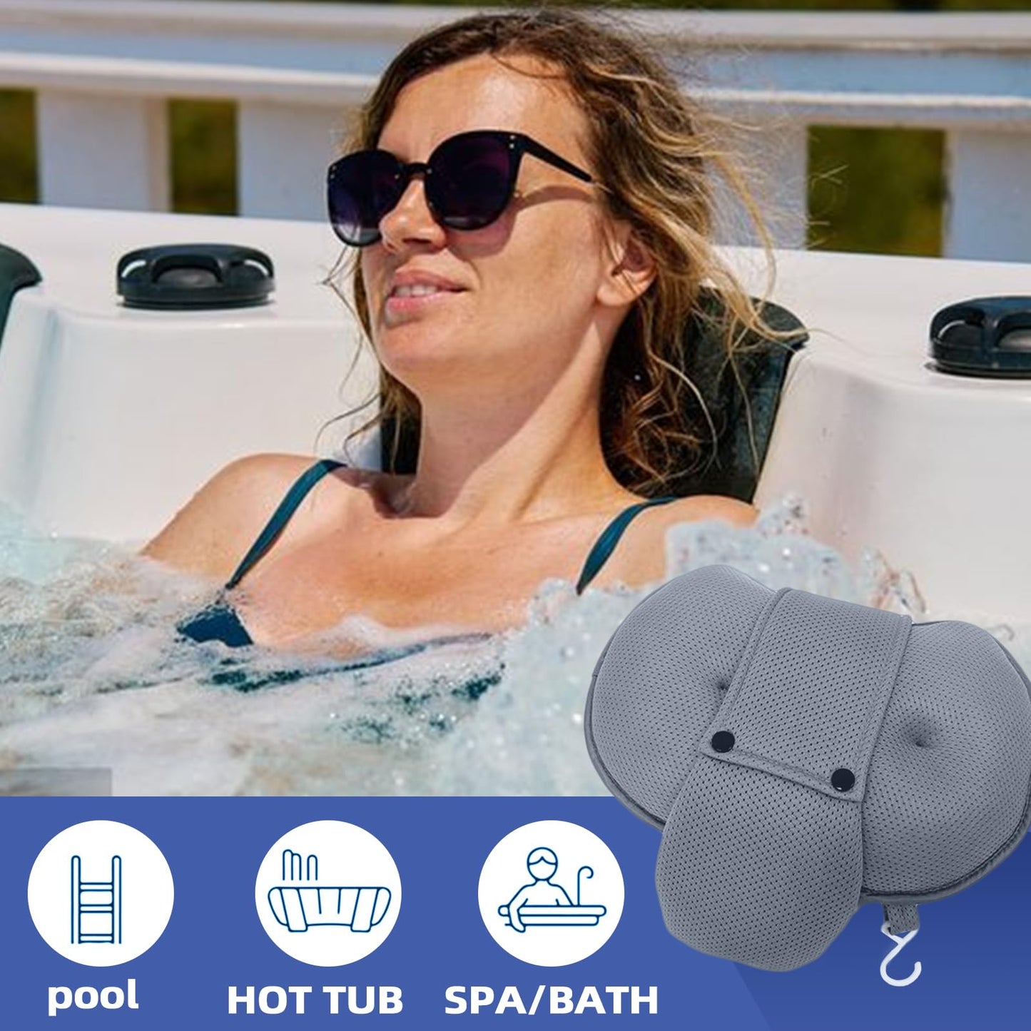 2-Pack Pillow for Hot Tub, Spa, and Chaise Lounge - Universal Headrest & Neck Support Cushion, 3D Mesh Adjustable Height with Long Strap, Easy Drying (2-Pack,Gray)