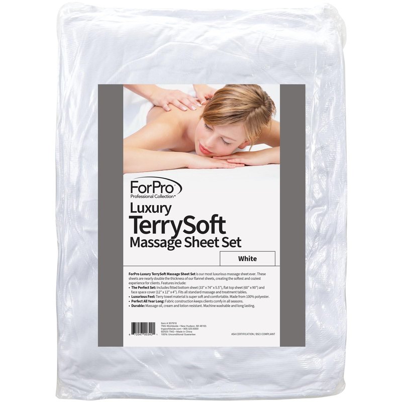 ForPro Luxury TerrySoft 3-Piece Massage Sheet Set, White, Ultra-Soft, Stain and Wrinkle-Resistant, Includes Flat and Fitted Sheets and Face Rest Cover