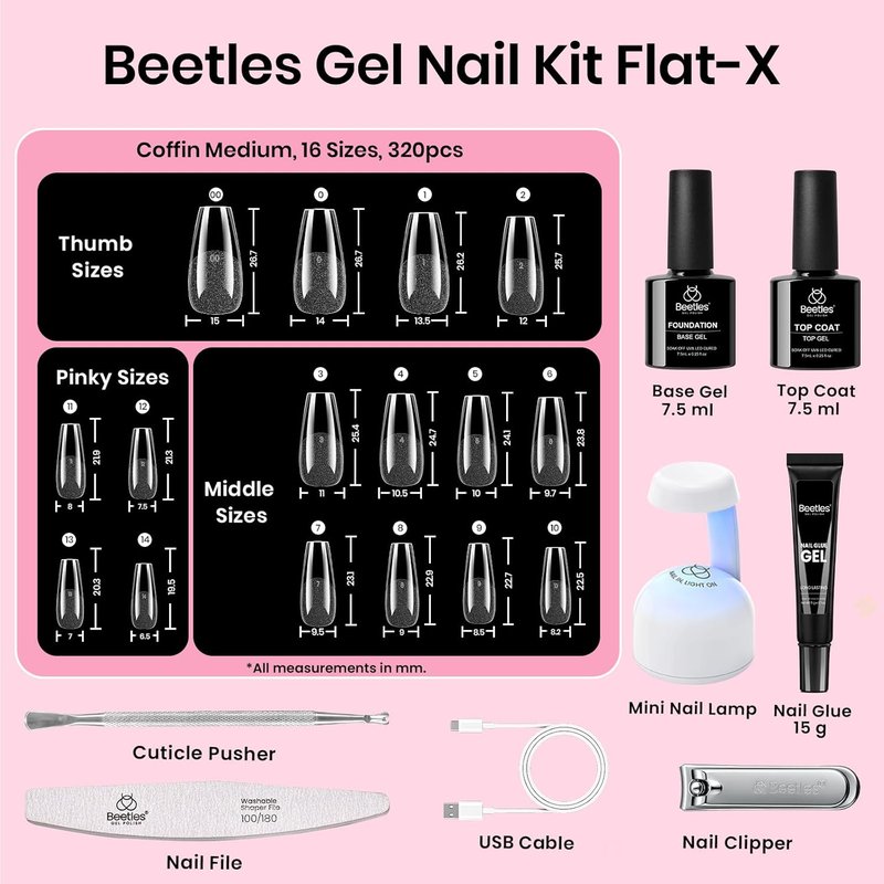 Beetles Gel Nail Kit - Coffin Medium 320pcs Nail Tips with 15g Glue Gel & Mini Lamp | DIY Acrylic Set