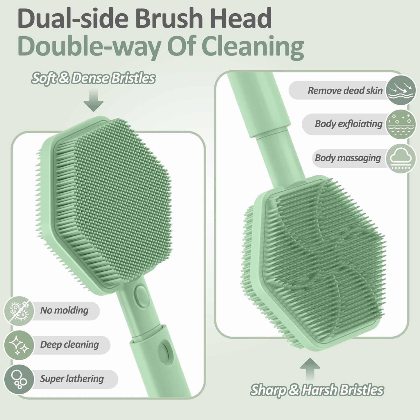 GEENOA Silicone Back Scrubber & Soft Bath Glove 2PCS, 16''- 21''Extendable Back Scrubber with Dual-Side Large Head, 360° Anti-Slip Hand-fit Silicone Body Scrubber for Rich Foaming Deep Cleaning(Green)