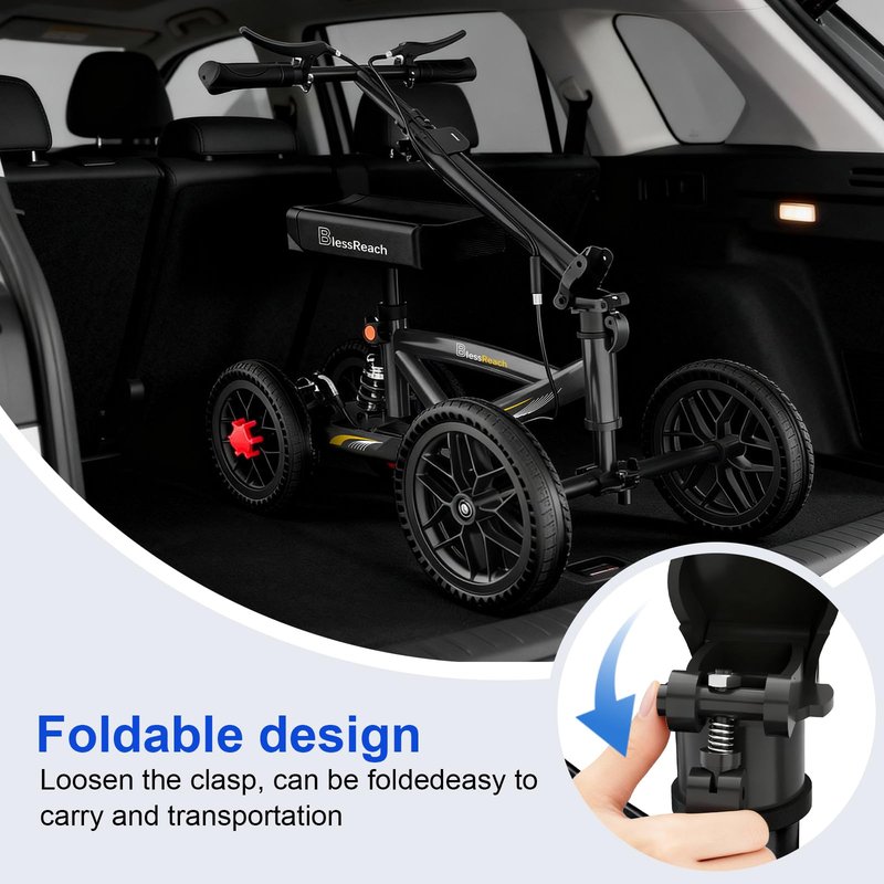 BlessReach 350 Lbs Capacity Foldable All Terrain Knee Scooter Walker - Economical Foot Injury Crutch Alternative - Black