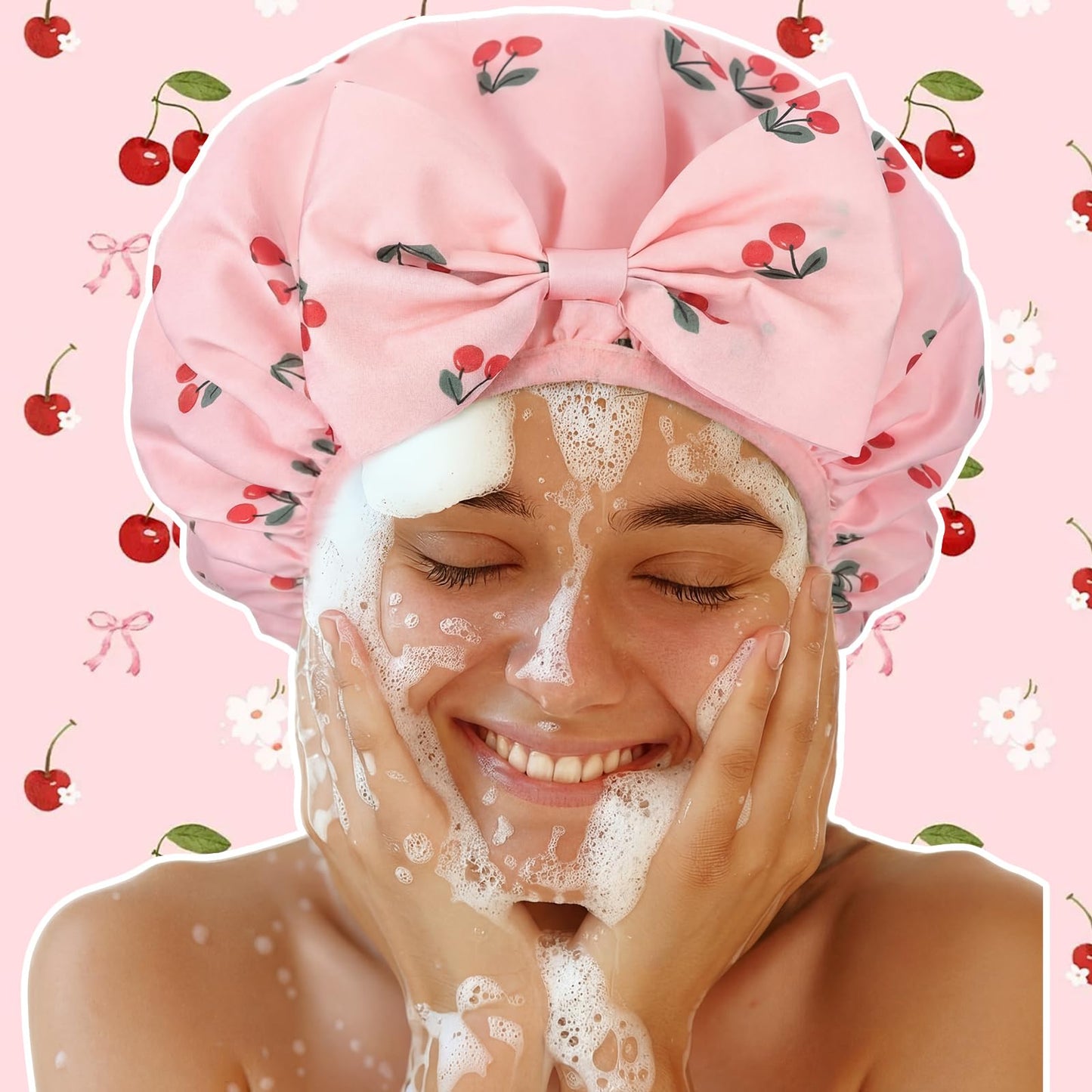 ramede Large Satin Lined Shower Cap for Women Reusable Waterproof Double Layer Bath Cap with Cherry Bow Large Washable Bath Caps with Soft Elastic Band Protect Long Hair Braids