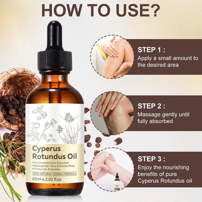 Cyperus Rotundus Oil for Hair Removal - Natural Formula to Reduce Unwanted Hair Growth & Moisturize Skin - 2.02 Fl Oz / 60ml