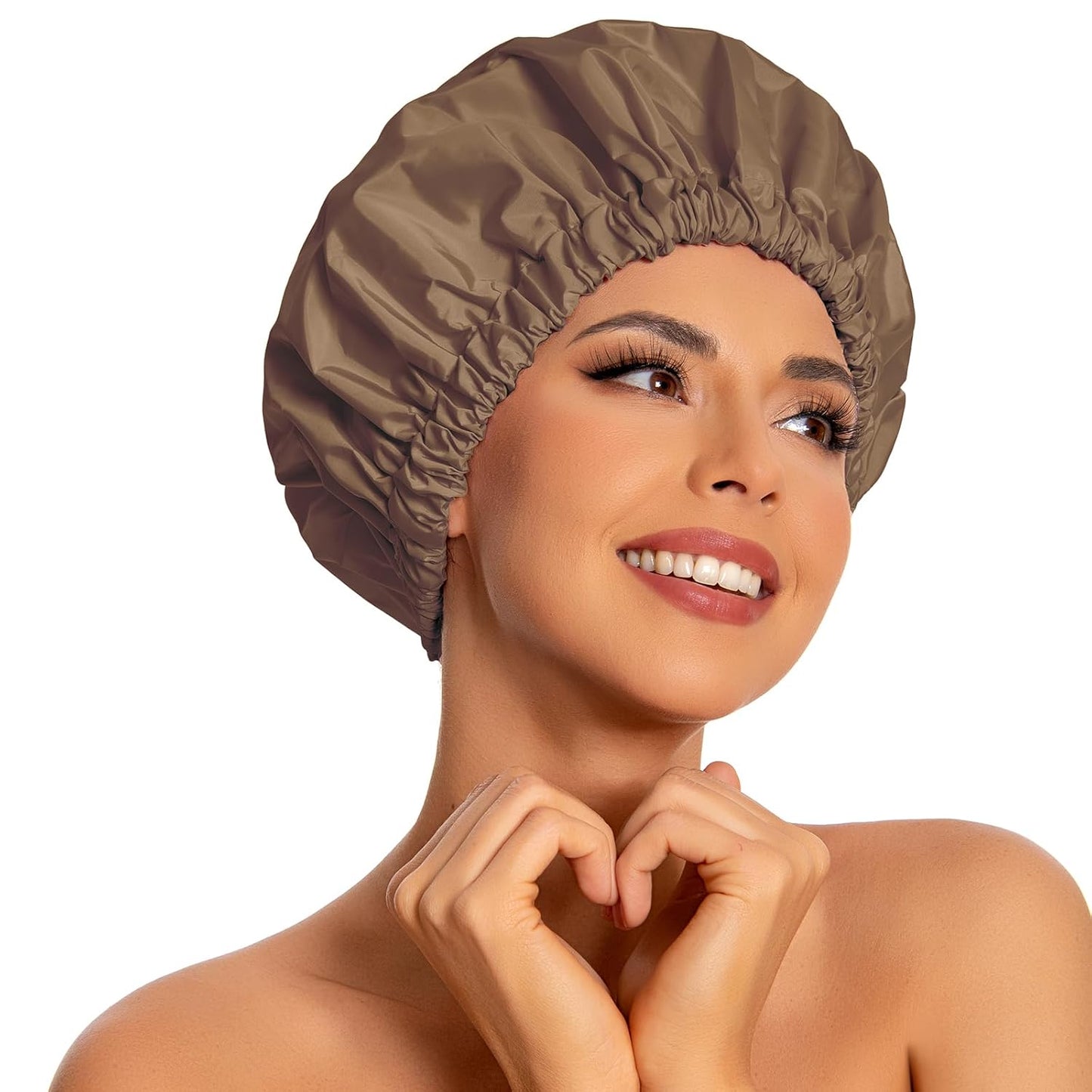Skiennix Reusable Shower Cap - Large Waterproof Bonnet with Elastic Band for Long, Curly Hair | Brown