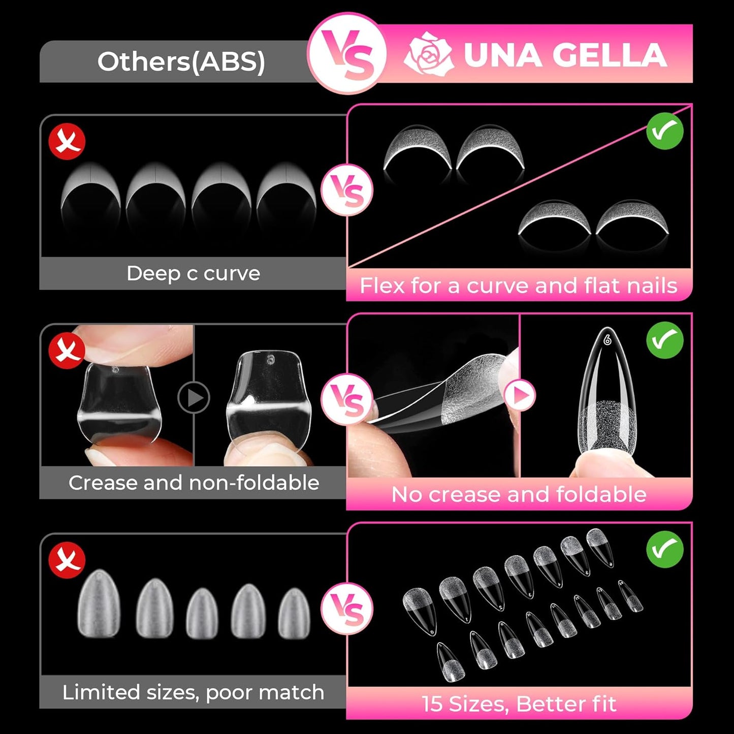 UNA GELLA Stiletto Gel Nail Tips - 510 Pcs Medium Almond Full Cover Clear Acrylic Nails | Sturdy Press-On for DIY & Salon Use