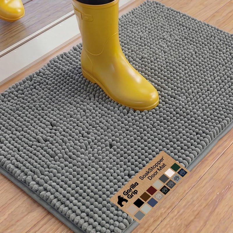 GORILLA GRIP SoakSTOPPER Dog Door Mat, 36x24 Machine Washable Rug Absorbent Doormat Captures Moisture Mud Dirt, Quick Dry Soft Chenille Entryway Rugs Indoor Entrance Mats for Dog Paws, Grey