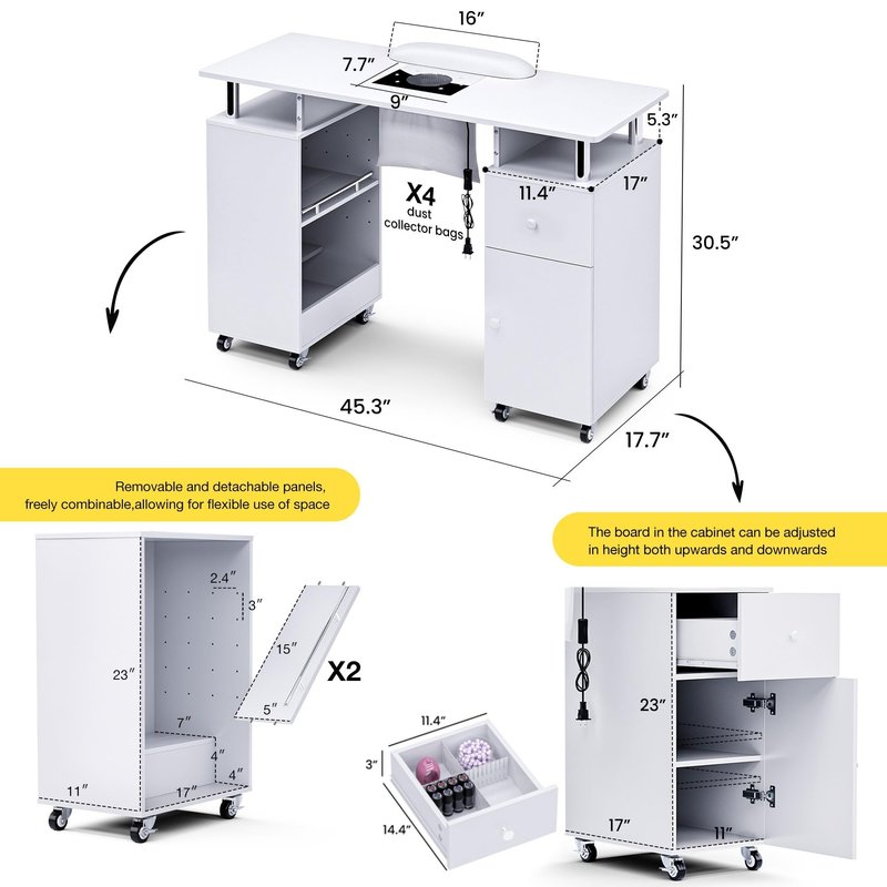 HolaiNail Manicure Table Nail Desk for Nail Tech, Acetone Resistant Beauty Salon Station with Dust Collector, Wrist Pad, Lockable Wheels, Drawer & Cabinet, White